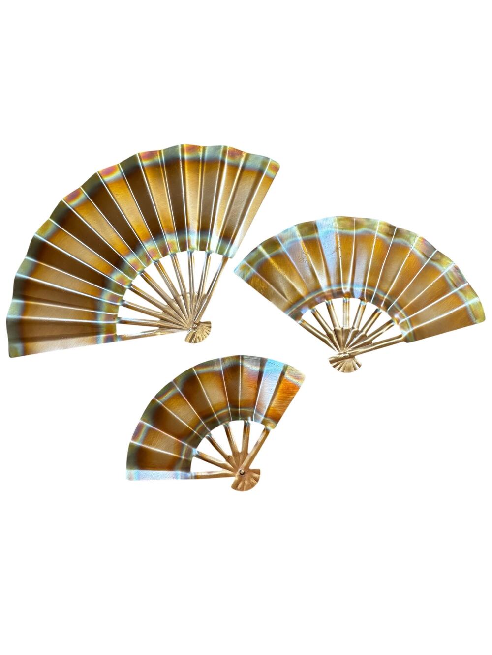 Vintage set (3) metal fans wall decor copper brass gold tones graduated sizes